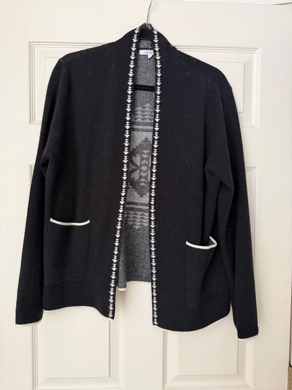 Venerio Women's Black Open-Front Cardigan Sweater with Contrast Trim